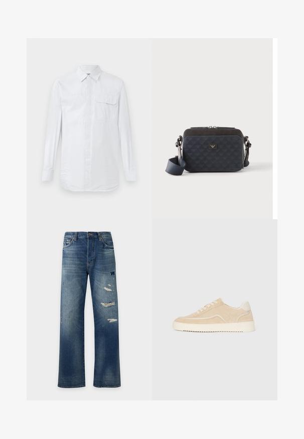 Weißes Langarmhemd mit Knopfleiste und feinen vertikalen Streifen, Brusttasche mit Knopfklappe und klassischem Kragen auf einem schlichten Hintergrund.; Blaue Jeans mit geradem Bein, ausgewaschenen Bereichen und mehreren abgenutzten Stellen an den vorderen Oberschenkeln und Knien.; Beige Wildlederschuh mit weißer Sohle und Schnürsenkeln, niedrig geschnittenes Design und Zickzackprofil auf der Sohle.; Rechteckige dunkelblaue Umhängetasche mit verstellbarem Riemen, Reißverschluss und subtilem Logomuster auf der Vorderseite.