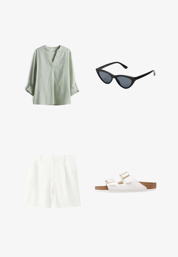 Lichtgroene linnen blouse met een V-hals, lange mouwen opgerold en knoopaccenten. Textuurstof met een relaxte pasvorm.; Witte casual shorts met riemlussen, voorrits en zijzakken, plat liggend tegen een witte achtergrond.; Witte rubberen sandalen met twee verstelbare banden, gouden gespen en een bruine kurken voetbed. Gestructureerde zool voor grip, minimalistisch ontwerp.; Zwarte cat-eye zonnebril met donkergrijze lenzen, slank plastic frame, puntige hoeken en rechte pootjes. Geen zichtbare hardware of accenten.