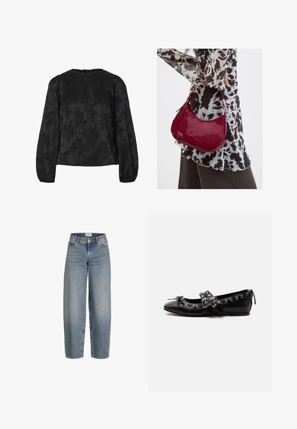 Schwarze Bluse mit langen, puffierten Ärmeln, die ein strukturiertes Blumenmuster aufweist. Rundhalsausschnitt mit einer Knopfverschluss hinten.; Hellblaue, lässig geschnittene Jeans mit hoher Taille, aus Denimstoff. Verfügt über fünf Taschen und einen klassischen Knopf-und-Reißverschluss.; Schwarzer flacher Ballettschuh mit doppelten Schnallenriemen, silbernen Ösen und einer kleinen Schleife nahe der abgerundeten Spitze auf weißem Hintergrund.; Frau trägt eine schwarz-weiß gemusterte Bluse und hält eine glänzende rote Schultertasche vor einem einfarbigen Hintergrund.