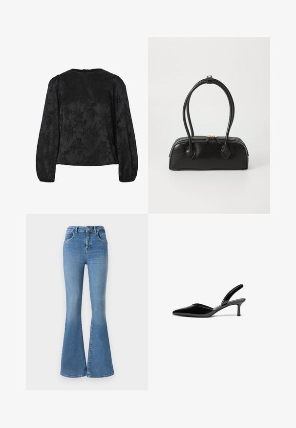 Schwarze Bluse mit langen, puffierten Ärmeln, die ein strukturiertes Blumenmuster aufweist. Rundhalsausschnitt mit einer Knopfverschluss hinten.; Ausgestellte Jeans aus blauen Denim, mit einer hohen Taille, Reißverschluss und Knopfverschluss sowie einem ausgebleichten Design mit dezenten Waschungseffekten.; Schwarze Lackleder-Slingback-Pumps mit spitzem Fuß, niedrigem Stiletto-Absatz und einem eleganten, schlichten Design ohne Verzierungen.; Schwarze Lederhandtasche mit zwei verlängerten Griffen, Reißverschluss und runder Form; glatte Textur mit subtiler glänzender Oberfläche.