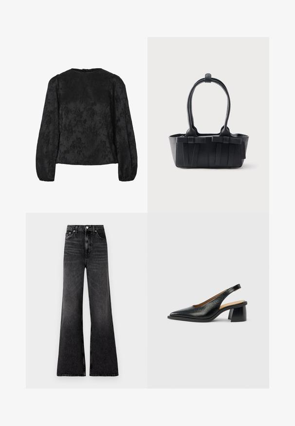 Sort bluse med lange puffede ærmer, der har et tekstureret blomstermønster. Rund halsudskæring med en knaplukning bagpå.; Bredde ben sorte denim jeans med en let falmet finish, høj talje, metalknaplukning og minimale syninger.; Sort læder slingback-sko med spids tå og en chunky, geometrisk hæl. Overfladen ser glat og poleret ud.; Sort læderhåndtaske med to håndtag, dekorative remme og en rektangulær bund på en ensartet lys baggrund.