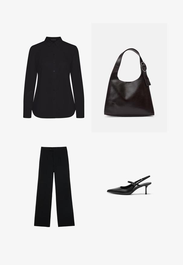Schwarzes Langarmshirt aus glattem Stoff, mit kragen und Frontknopfleiste, und gerader Saum.; Schwarze weit geschnittene Hosen aus glattem Stoff, mit einem Frontknopfverschluss und zwei Falten für zusätzliche Details. Maßgeschneiderter Gesamteindruck.; Schwarze Leder Slingback-Absätze mit einer spitzen Zehenform, schmalem verstellbarem Riemen und einem etwa 5 cm hohen Stiletto-Absatz, glatte Textur.; Braune Lederumhängetasche mit glatter Textur, runder Form, breitem Tragegurt und metallischem, kreisförmigem Akzent am Griff.