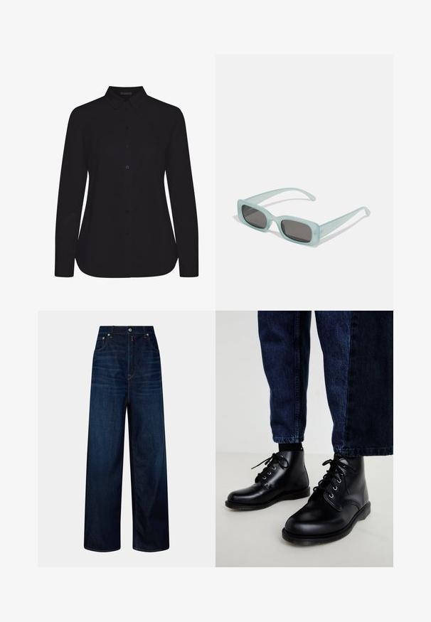 Schwarzes Langarmshirt aus glattem Stoff, mit kragen und Frontknopfleiste, und gerader Saum.; Hochtaillierte dunkelblaue weit geschnittene Jeans mit Fronttaschen, Knopf- und Reißverschluss, vor einem schlichten Hintergrund präsentiert.; Schwarze Leder-Stiefeletten mit runden Zehen, Schnürdesign, silbernen Ösen und strukturierten Sohlen, kombiniert mit dunkelblauen Denim-Jeans.; Ein Paar rechteckige Sonnenbrillen mit lichtblauen, halbtransparenten Rahmen und dunkelgrauen Gläsern, ausgestattet mit geraden Bügeln und minimalen Hardware-Details.