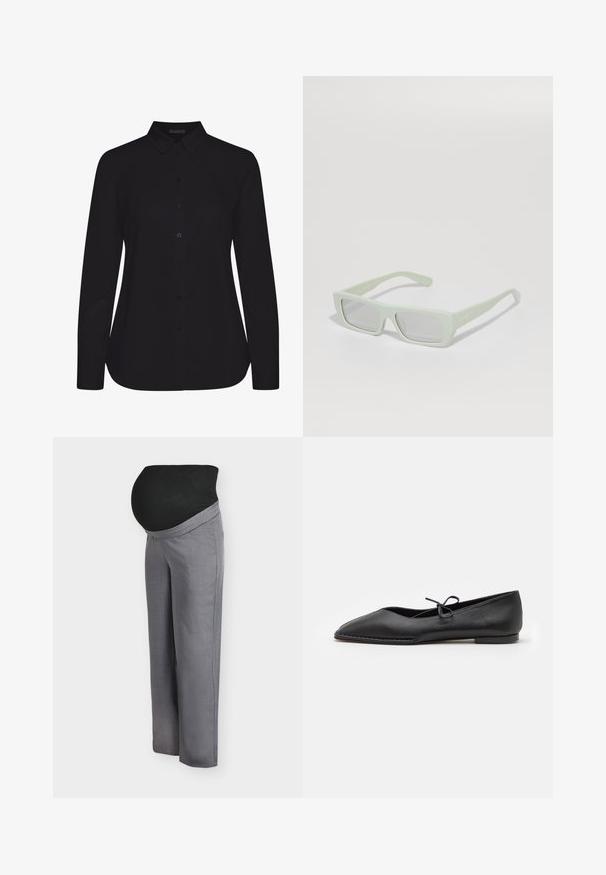 Zwarte lange mouw shirt van gladde stof, met een kraag, knopen aan de voorkant en een rechte zoom.; Zwangerschapsbroek met een brede zwarte elastische tailleband, lichtgrijze stof, een losse pasvorm en rechte pijpen, ideaal voor comfort tijdens de zwangerschap.; ALOHAS SWAY - Ballerina's - black; Rechthoekige lichtgroene zonnebril met grijs getinte lenzen en het "vogue" logo op de poot, weergegeven onder een lichte hoek op een witte ondergrond.