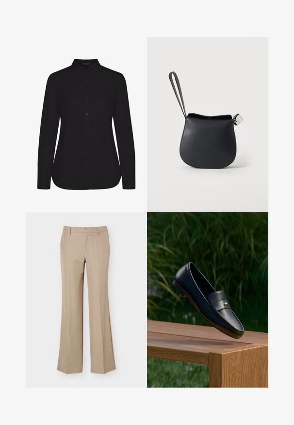 Schwarzes Langarmshirt aus glattem Stoff, mit kragen und Frontknopfleiste, und gerader Saum.; Beige Damenhose mit Gürtelschlaufen, vorderer Bügelfalte und geradem, weitem Bein auf schlichtem weißem Hintergrund.; Schwarzer Lederloafer mit goldfarbenem Detail, der über einer Holzbank schwebt, grüner Laub-Hintergrund.; Schwarze Leder-Handgelenktasche mit abgerundetem Boden und silbernem Verschluss auf schlichtem weißem Hintergrund.