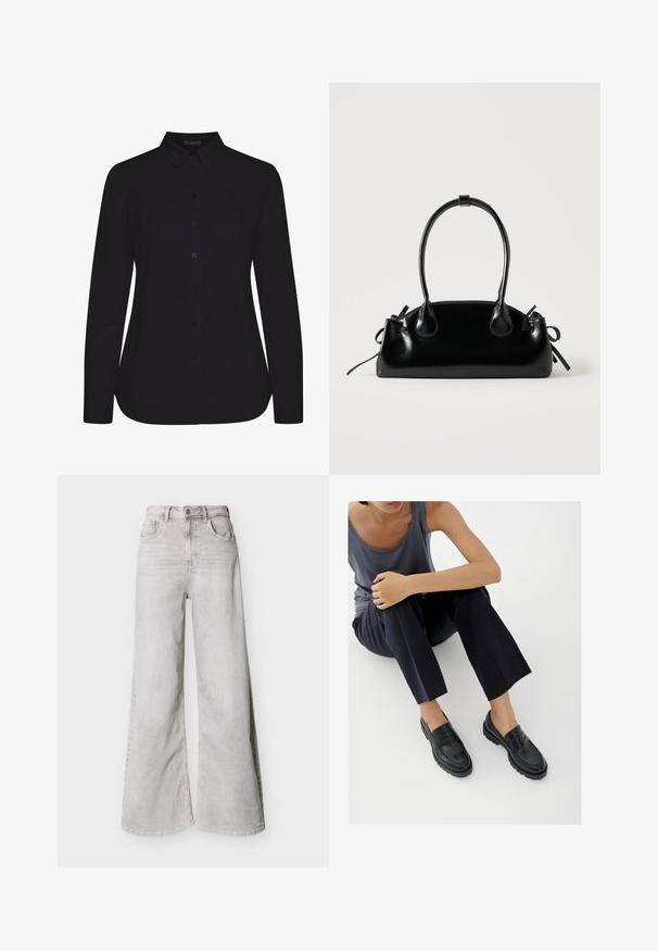 Schwarzes Langarmshirt aus glattem Stoff, mit kragen und Frontknopfleiste, und gerader Saum.; Hellgraue Jeans mit weitem Bein aus Denim, mit hoher Taille, vorderen Taschen und Knopfverschluss. Glatte Textur mit einem dezenten ausgewaschenen Look.; Schwarze Leder-Loafer mit strukturierten Akzenten, niedrigem Absatz, rundem Zehenbereich und sichtbarer Naht. Das Modell trägt dunkle Hosen und ein graues Oberteil.; Kleine schwarze glänzende Handtasche mit zwei langen Griffen und seitlichen Kordelzug-Details vor einfachem hellem Hintergrund.