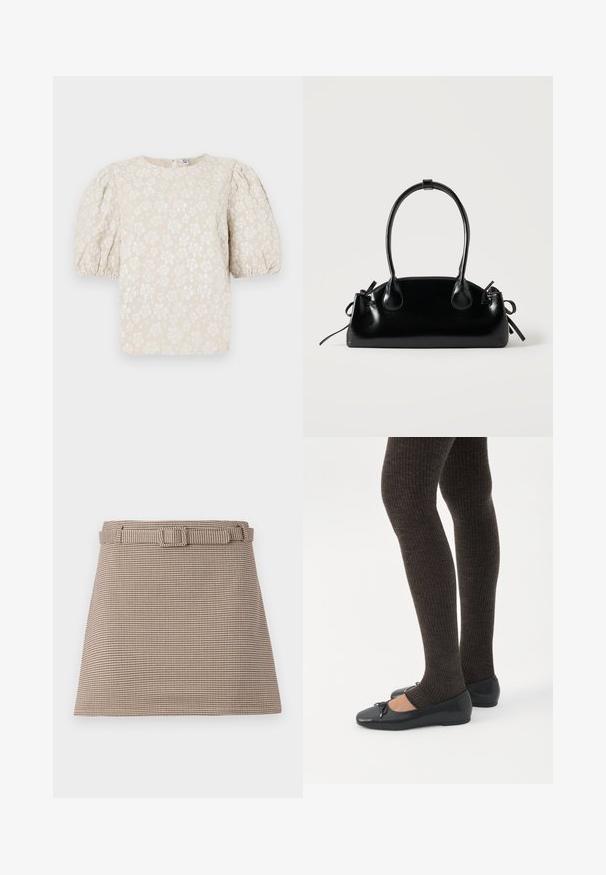 Beige blomsterbluse med pufærmer, tekstureret stof, subtil glans og rund udskæring. Har små hvide blomstermønstre over det hele.; Brune og beige houndstooth-mønstrede shorts med bælte i taljen og rene linjer, skræddersyet struktur og glat stofstruktur.; Ben iført mørke ribbede leggings kombineret med sorte balletsko med små sløjfedetaljer på hvid baggrund.; Lille sort blank håndtaske med to lange håndtag og snøre-detaljer i siden på en ensfarvet lys baggrund.