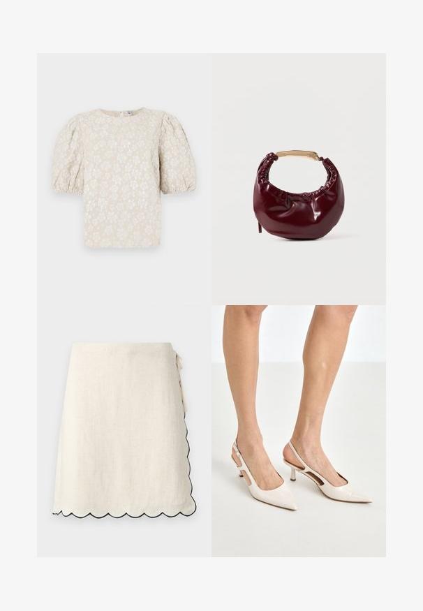 Beige blomsterbluse med pufærmer, tekstureret stof, subtil glans og rund udskæring. Har små hvide blomstermønstre over det hele.; Offwhite omslagsnederdel med bølget kant fremhævet med sort, bundet i taljen på højre side.; Beige patenterede læder slingback hæle med spids tå og 5 cm hæl, med udskårne sider og en tynd ankelrem.; Bordeaux farvet faux læder handbag med en afrundet form, samling detaljer og et guldtonet metalhåndtag. Glat tekstur og blank finish.