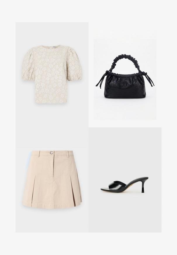 Beige blomsterbluse med pufærmer, tekstureret stof, subtil glans og rund udskæring. Har små hvide blomstermønstre over det hele.; Beige kort nederdel med forreste plisseringer, knap, lynlås og bæltestropper, vist mod en ensfarvet lys baggrund.; Sorte læder højhælede mules med open-toe design og en bred, buet overdel. Glat tekstur og slank silhuet.; Sort taske med krokodilletekstur, rynket øverste kant, samlet hank og snore med kvaster på hver side mod en hvid baggrund.