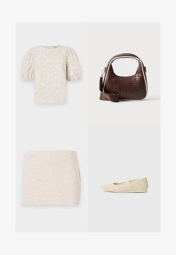 Beige Bluse mit Blumenmuster, Puffärmel, texturiertem Stoff, subtilem Glanz und rundem Ausschnitt. Enthält kleine weiße Blumenmuster überall.; Beige Leinenrock mit minimalistischer Gestaltung, der eine glatte Textur und subtile Webart aufweist. Er hat einen geraden, schlichten Schnitt ohne sichtbare Verschlüsse.; Beige Ballerinas aus glattem Leder mit mandelförmiger Zehenpartie und elastischem Riemen über dem Fußrücken, ausgestattet mit dezenten Nähtelementen.; Braune gewebte Lederhandtasche mit weißer Paspel, goldenem Reißverschluss und abnehmbarem braunem Stoff-Schulterriemen.