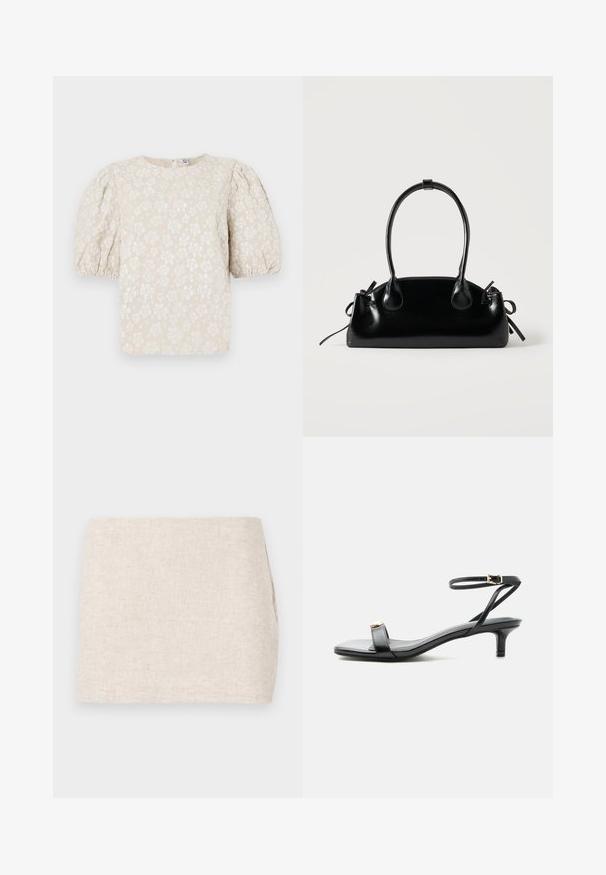 Beige blomsterbluse med pufærmer, tekstureret stof, subtil glans og rund udskæring. Har små hvide blomstermønstre over det hele.; Beige linnedyr med et minimalistisk design, der har en glat tekstur og en subtil vævning. Det har en lige, simpel skæring uden synlige lukninger.; Sort læder sandal med åben tå, lav lillehæl, tynd ankelrem med guldlås og dekorativt gyldent accent på frontremmen.; Lille sort blank håndtaske med to lange håndtag og snøre-detaljer i siden på en ensfarvet lys baggrund.