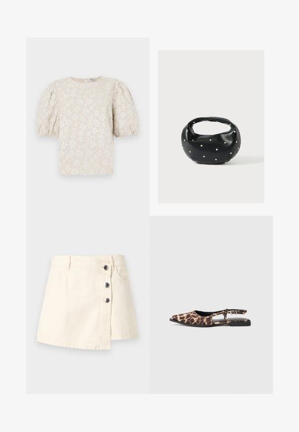 Beige Bluse mit Blumenmuster, Puffärmel, texturiertem Stoff, subtilem Glanz und rundem Ausschnitt. Enthält kleine weiße Blumenmuster überall.; Minirock aus cremefarbenem Denim mit asymmetrischem Knopfverschluss, Gürtelschlaufen und Vordertaschen.; Flache Slingback-Schuh mit Leopardenmuster, spitzer Zehenform, offenen Seiten und kleinem schwarzen Absatz. Das Material wirkt glatt mit einem leichten Glanz.; Schwarze Lederhandtasche mit abgerundeter Form, verziert mit silbernen Nietenakzenten und kurzem Griff. Glatte Struktur und Reißverschlussverschluss.