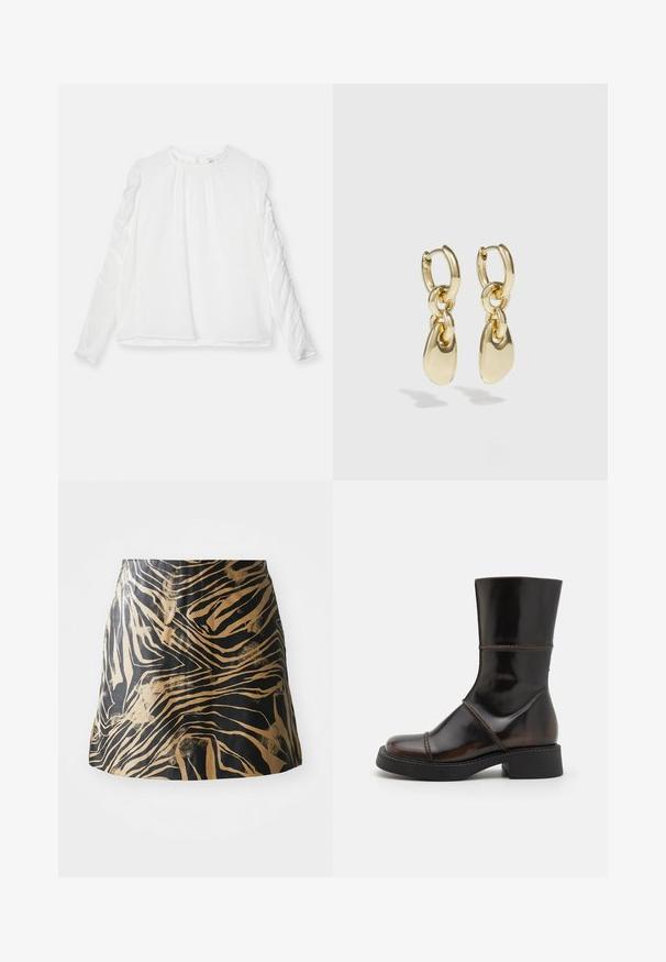 Witte lange mouwtop met een ronde halslijn en gathered details op de mouwen. Gemaakt van lichte stof met een vloeiende pasvorm.; Zwarte en gouden rok met een zebrapatroon, gemaakt van glad materiaal met een strakke pasvorm en een hoge taille.; MIISTA DAHLIA - Plateaulaarzen - brown; Gouden creolen met een verbonden ontwerp en een gladde, druppelvormige accent. De reflecterende afwerking vergroot de visuele aantrekkingskracht.