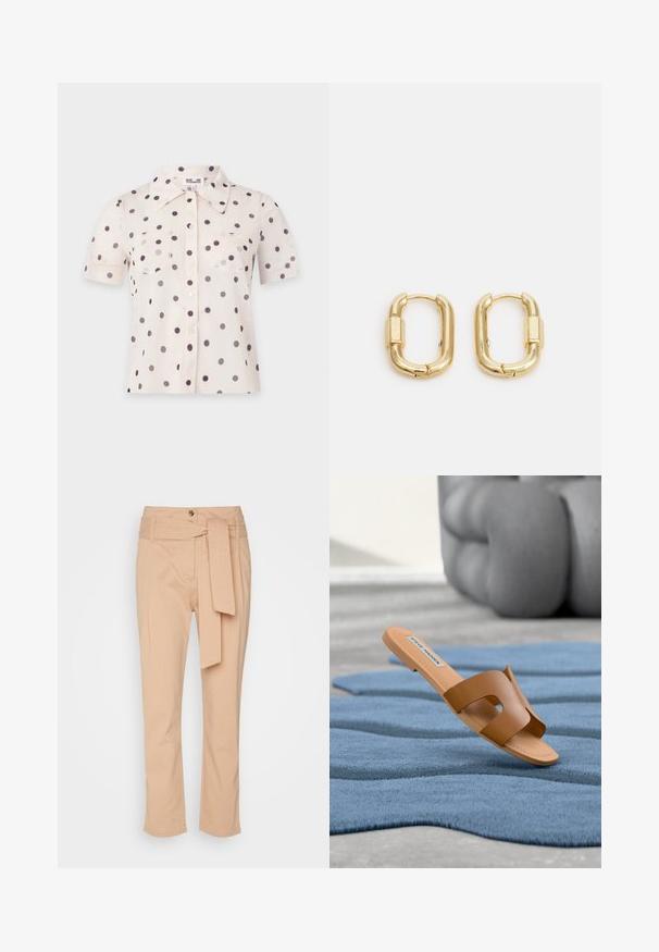 Blusa crema de manga corta con lunares negros, botones delanteros, dos bolsillos en el pecho y un cuello ancho y puntiagudo.; Pantalones de algodón beige con cintura con cinturón, corte recto y textura sutil. Cuenta con dos bolsillos frontales y cierre de botón.; Sandalia plana marrón con diseño recortado, fabricada con material liso. Cuenta con una suela de color beige claro y una etiqueta en la plantilla.; sweet deluxe DELILAH - Pendientes - gold-coloured