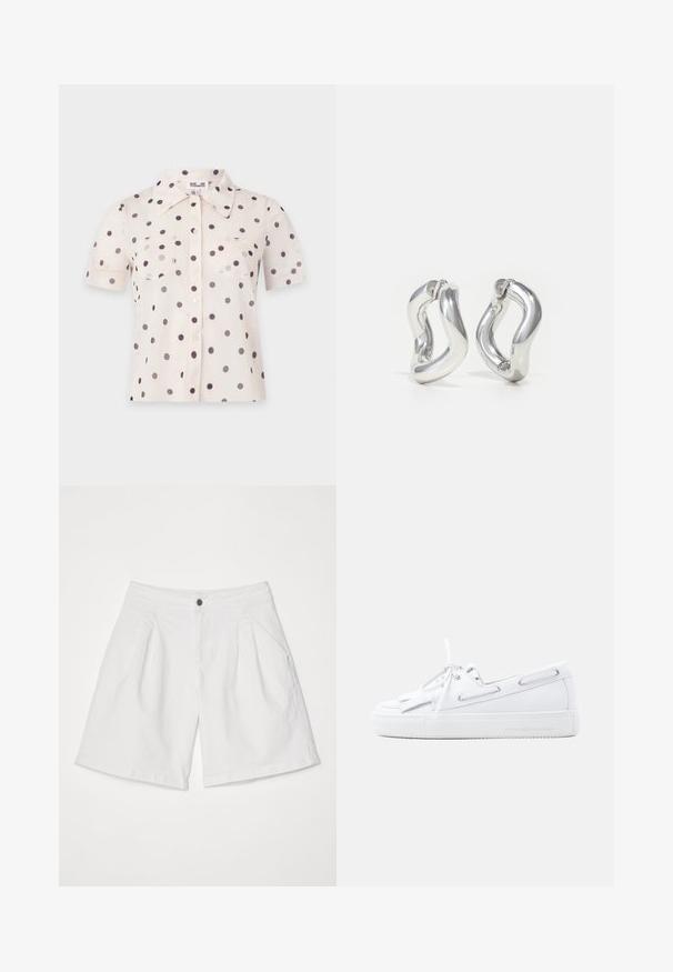 Blouse crème à manches courtes avec des pois noirs, boutons à l’avant, deux poches poitrine et un large col pointu.; Shorts en denim blanc avec un design à plissés à l'avant, présentant des poches latérales et une fermeture à un seul bouton noir à la taille.; Chaussure bateau en cuir blanc avec laçage à l'avant, œillets sur les côtés, détail pompon et semelle en caoutchouc plate sur un fond clair uni.; Boucles d'oreilles créoles argentées avec un design torsadé. Bords arrondis et finition brillante. Fermoirs ouverts pour un port facile. Texture lisse sur toute la surface.