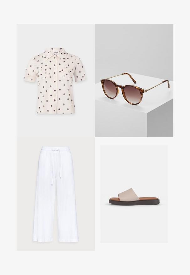 Blouse crème à manches courtes avec des pois noirs, boutons à l’avant, deux poches poitrine et un large col pointu.; Pantalons en lin blancs à jambes larges avec une taille élastique et un cordon de serrage, texture lisse et coupe ample pour le confort.; Sandale beige à enfiler avec une large bride, semelle intérieure en tan moulée et semelle plateforme marron foncé. Texture lisse, design simple.; Lunettes de soleil écaille de tortue avec verres dégradés et fins accents en métal doré. Dotées de montures arrondies et de branches élégantes pour un look moderne.