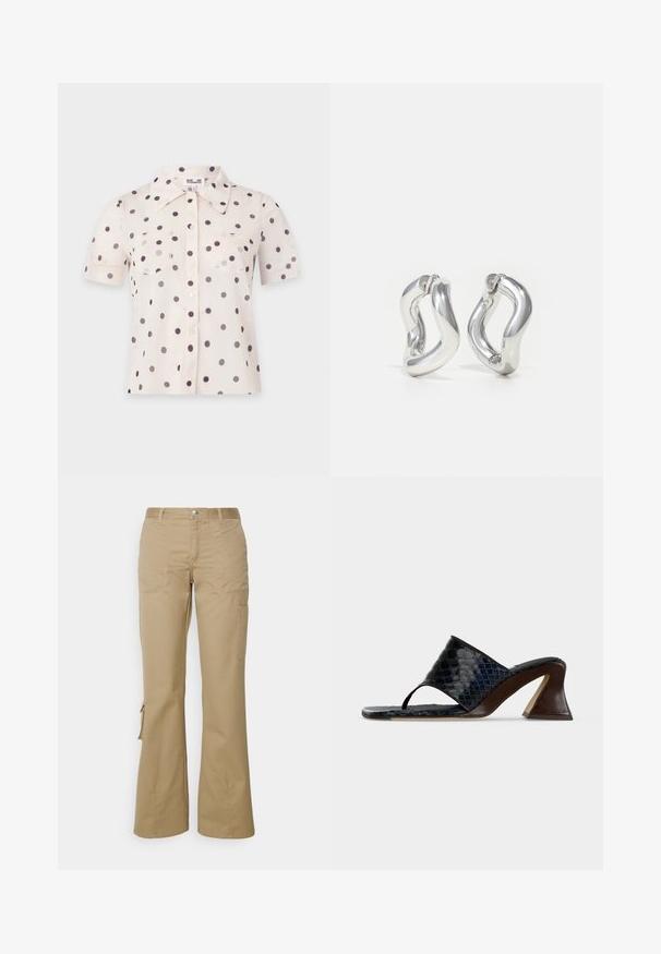 Blouse crème à manches courtes avec des pois noirs, boutons à l’avant, deux poches poitrine et un large col pointu.; Won Hundred CLARISSA - Pantalon classique - camel; Sandale à talon noire texturée crocodile avec large bride avant, boucle d’orteil et talon bloc évasé sur fond blanc.; Boucles d'oreilles créoles argentées avec un design torsadé. Bords arrondis et finition brillante. Fermoirs ouverts pour un port facile. Texture lisse sur toute la surface.