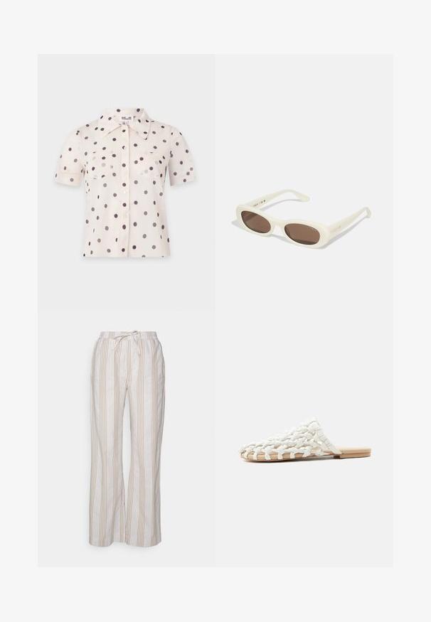 Blouse crème à manches courtes avec des pois noirs, boutons à l’avant, deux poches poitrine et un large col pointu.; BLANCHE ETIENNE PANTS - Pantalon classique - beige; Sandale blanche tissée à enfiler avec semelle plate couleur beige et tige en tissu tressé, conçue pour un usage décontracté.; Lunettes de soleil crème avec des verres en forme ovale, teintés de brun, dotées d'une finition brillante et d'un discret logo "Vogue" sur le côté.