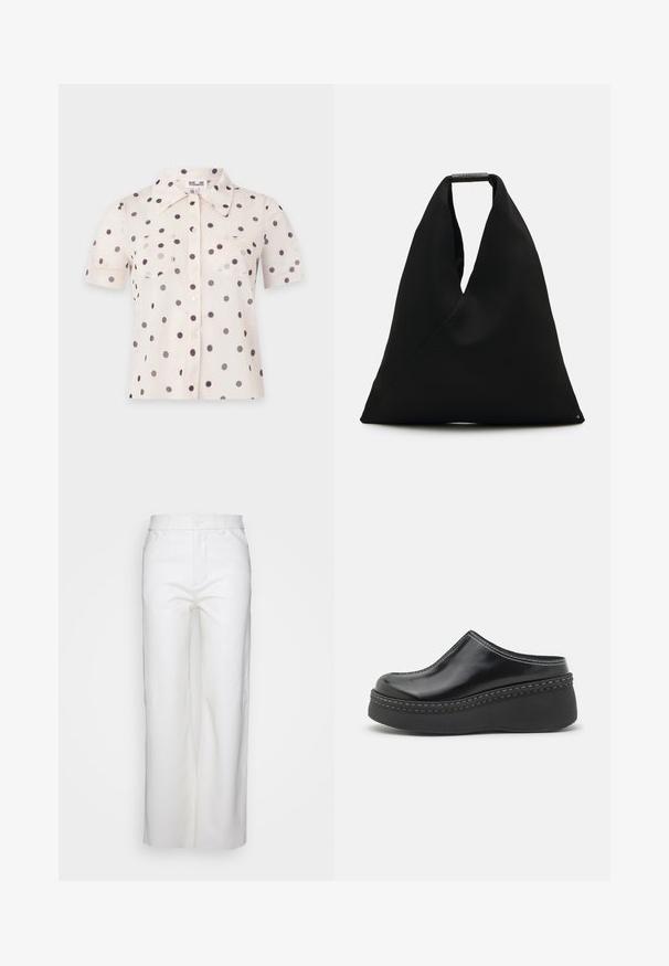 Blusa crema de manga corta con lunares negros, botones delanteros, dos bolsillos en el pecho y un cuello ancho y puntiagudo.; Pantalones rectos blancos con cierre de botón y cremallera, trabillas para el cinturón y bolsillos frontales, exhibidos sobre un fondo blanco liso.; Zuecos de plataforma negros brillantes con punta redondeada, parte superior curvada y costuras blancas en contraste a lo largo del borde de la suela.; Bolsa de tela negra con un diseño en forma de V único y una textura suave. Presenta un asa corta con un detalle de hardware minimalista.