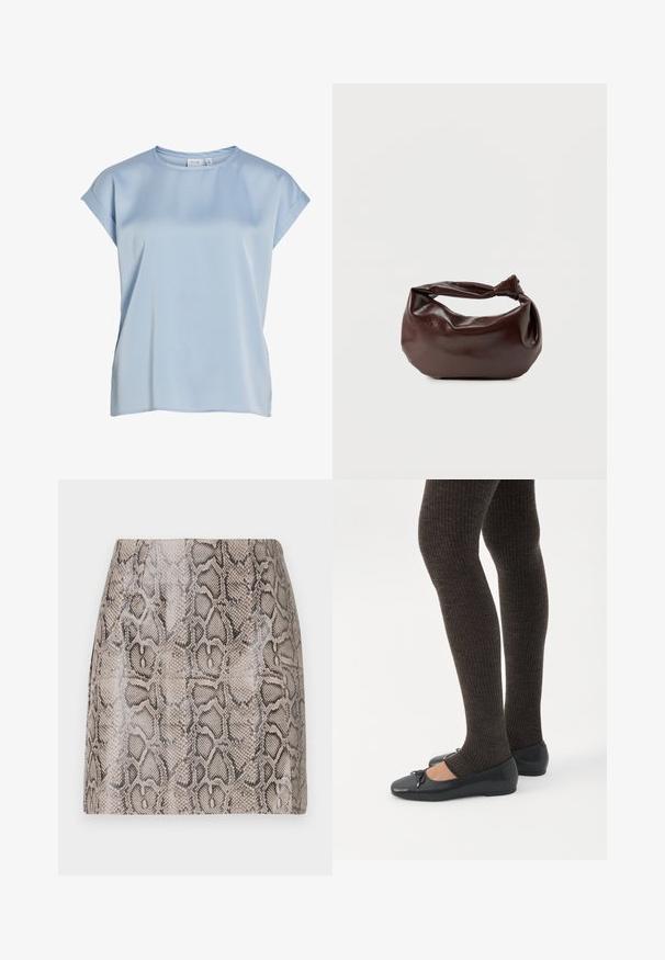 Blouse bleu clair à manches courtes avec encolure ronde et poignets de manches repliés, en tissu lisse, étiquetée "VILA".; Une mini jupe ajustée avec un imprimé serpent en faux cuir brillant et texturé dans des nuances de beige et de noir, avec une finition lisse et sans fermetures visibles.; Jambes portant des leggings côtelés foncés associés à des ballerines noires avec de petits détails en nœud sur fond blanc.; Sac bandoulière en cuir marron foncé avec une forme souple et décontractée et une anse nouée torsadée sur un fond blanc uni.