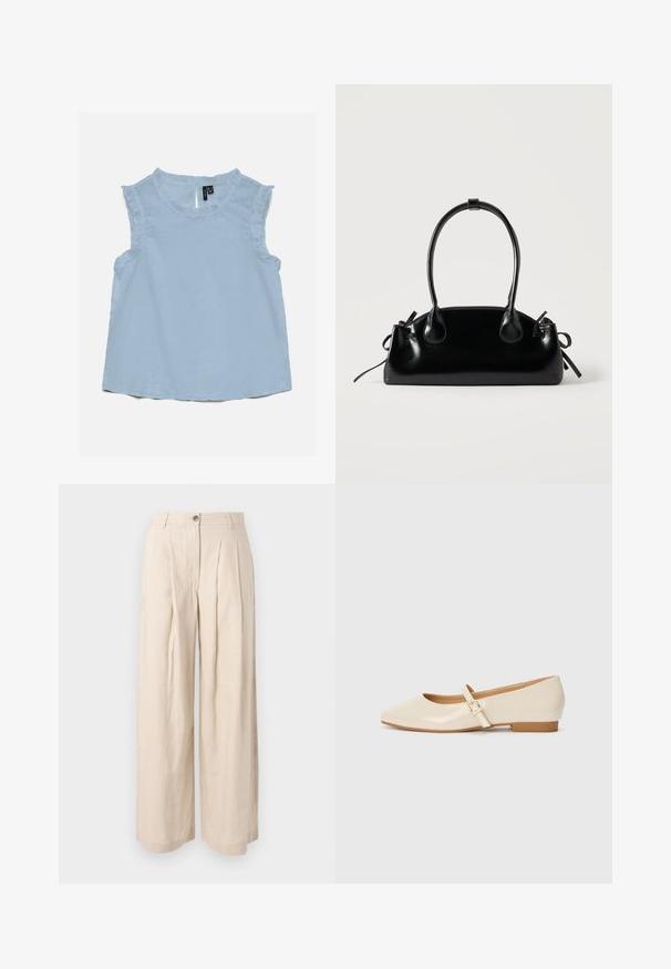 Blouse sans manches bleu clair avec bordure à volants le long de l'encolure et des emmanchures, présentant une texture subtilement ponctuée et une petite ouverture en goutte d'eau au dos.; Pantalon beige taille haute à jambes larges avec des plis à l'avant, passants pour ceinture et fermeture par bouton.; Ballerines en cuir verni beige avec un embout carré, un petit talon et une bride ajustable à la cheville avec une boucle dorée.; Petit sac à main noir brillant avec deux longues anses et des détails à cordon sur les côtés sur un fond clair uni.