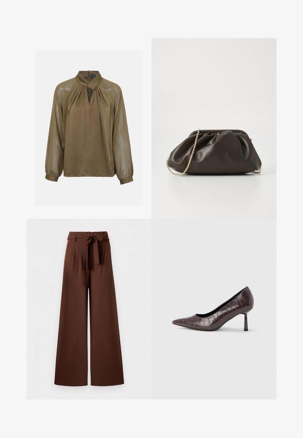 Blouse en satin marron avec encolure froncée, manches longues transparentes, ouverture en forme de goutte devant et fermeture éclair au dos.; Pantalon marron taille haute à jambes larges avec plis et ceinture en tissu nouée en nœud à la taille.; Escarpins à bout pointu en similicuir marron avec une texture crocodile, dotés d’un talon fin et angulaire ainsi que d’une doublure intérieure lisse.; Sac à main en cuir marron avec un design froncé, une bandoulière en chaîne dorée et une finition douce et texturée. Sa forme compacte est idéale pour une utilisation en soirée.
