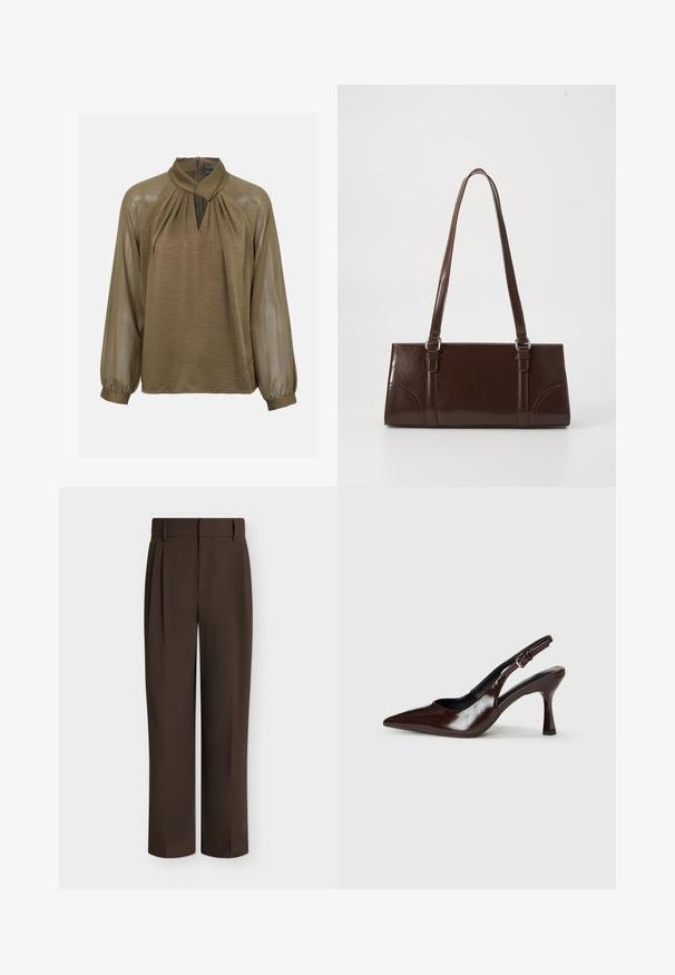 Blouse en satin marron avec encolure froncée, manches longues transparentes, ouverture en forme de goutte devant et fermeture éclair au dos.; Pantalon formel coupe droite marron foncé avec passants de ceinture et plis à l'avant, présenté sur un fond clair uni.; Talons slingback en cuir verni brun avec un bout pointu, un talon fin, et une sangle réglable avec une petite boucle.; Sac à main en cuir verni marron de forme rectangulaire, avec deux longues poignées et des accents courbés subtils à l'avant.