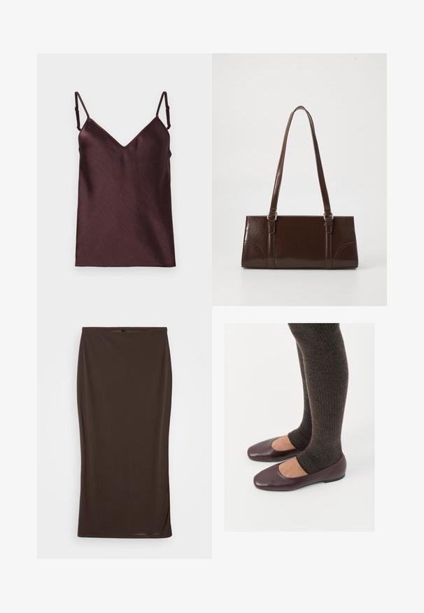 Débardeur en satin marron foncé avec bretelles spaghetti ajustables et décolleté en V sur fond blanc.; Jupe midi marron en tissu extensible, design ajusté, texture lisse et apparence simple et sans embellissement.; Ballerines en cuir verni bourgogne à bout carré, accompagnées de chaussettes en tricot côtelé marron foncé atteignant le molet.; Sac à main en cuir verni marron de forme rectangulaire, avec deux longues poignées et des accents courbés subtils à l'avant.