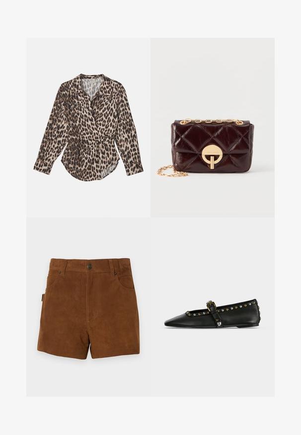 Chemise à imprimé léopard dans des tons beiges et marron, fabriquée en tissu léger. Caractérisée par un col, une fermeture à boutons sur le devant et des manches longues.; Shorts en daim marron avec une texture lisse, dotés de poches avant, passants de ceinture et d'une seule fermeture à bouton à la taille.; Chaussure plate noire à bout pointu avec bride, clous dorés et argentés sur le pourtour, et boucle décorative en métal sur fond clair.; Sac bandoulière en cuir matelassé brun foncé avec fermoir circulaire doré et bandoulière chaîne assortie, posé sur un fond blanc uni.