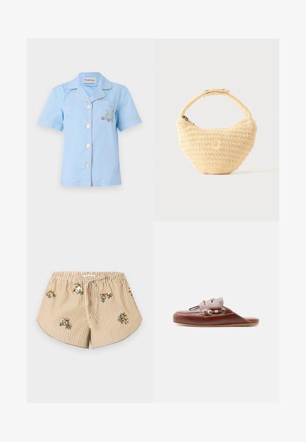 Hele sinise lühikeste varrukatega särk, millel on krae, rinnatasku ning mitmevärviline lilleline tikand, lõpetatud kontrastse äärekesega.; Beežid ja valged triibulised lühikesed püksid elastse vöökohaga, ees lips, kõverad ääred ning väikesed lillemotiividega tikandid kangal.; Pruun nahast libistatav loafer moc toe õmbluste, kuldsete silmade ja kaunistava paeladetailiga küljel, tasapinnaline tald, külgvaade.; Beežist kootud käekott ümarate servadega, lukuga ja lühikese, paksu rihmaga, lihtsas tekstureeritud heegeldatud stiilis.
