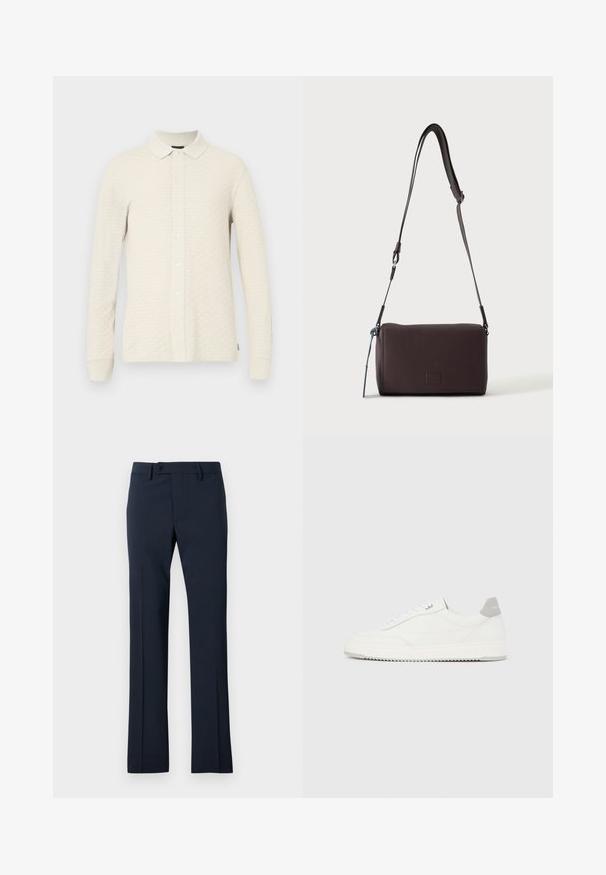 Polo à manches longues en beige clair, matière texturée, doté d'une patte de boutonnage, d'un col et de poignets à bords-côtes.; Pantalons de costume bleu marine en tissu lisse, avec une coupe droite, une fermeture à bouton et des plis frontaux.; Baskets basses blanches avec un onglet de talon gris, des lacets blancs et une semelle texturée, présentées sur un fond uni clair.; Sac bandoulière en cuir marron foncé texturé avec une sangle réglable et un petit accent décoratif bleu sur le côté.