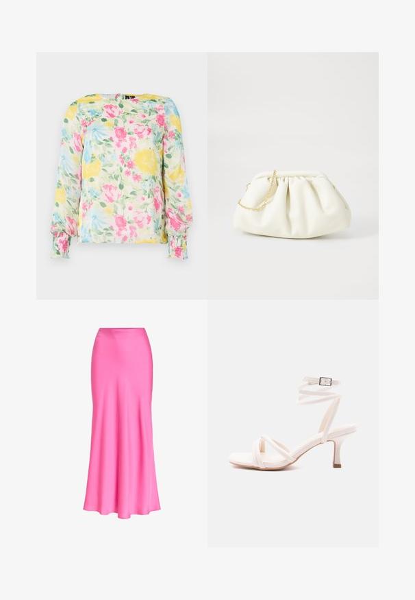 Blouse florale en tissu léger avec un motif floral jaune, rose et bleu. Manches longues avec des poignets froncés et un col rond.; Jupe midi en satin rose vif avec une taille ajustée et un léger évasement vers l'ourlet, tissu lisse et brillant, sans motifs ni embellissements.; Sandale blanche à talon avec lanières sur le devant, bride autour de la cheville avec boucle, et talon fin de hauteur moyenne sur un fond uni.; Sac à main en cuir blanc avec un design plissé, doté d'une bandoulière en chaîne dorée et d'une forme arrondie. Texture lisse avec des plis doux et sans motifs.
