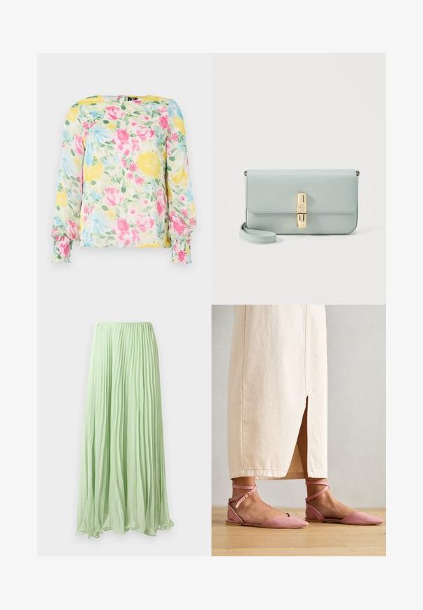 Blouse florale en tissu léger avec un motif floral jaune, rose et bleu. Manches longues avec des poignets froncés et un col rond.; Jupe longue plissée vert clair avec un tissu fluide et une taille élastique, présentée sur un fond blanc.; Sandales plates en daim rose avec un bout pointu, une bride à la cheville et un petit charme en or, associées à une jupe beige, longueur genou.; Pochette en cuir bleu clair avec fermoir rectangulaire doré et sangle de poignet amovible sur fond blanc.