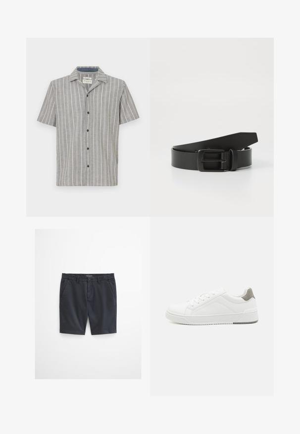 Camisa de manga corta en gris claro con rayas verticales blancas. Presenta un frente abotonado y un cuello clásico. Está hecha de una tela ligera.; Pantalones cortos negros para hombres hasta la rodilla, con trabillas para cinturón, cierre de botón y bolsillos delanteros sobre un fondo liso de color gris claro.; Zapatilla blanca con material de cuero liso, punta redonda, diseño minimalista, acento gris en el talón y suela de goma texturizada.; Cinturón de cuero negro con hebilla metálica negra mate, que presenta una textura suave y un diseño sencillo. Longitud ajustable con un extremo cónico.