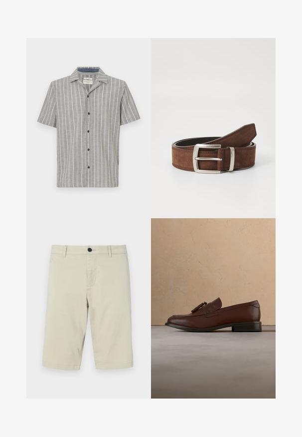 Kortærmet skjorte i lysegrå med hvide lodrette striber. Har en knapfront og en klassisk krave. Lavet af letvægtsstof.; Beige shorts lavet af let bomuldsblanding, med flad front, bæltesløjfer, knaplukning og knælang kant.; Brun læderloafer med kvaster, der svæver over et tekstureret beige tæppe med et rundt træbord og stablede bøger i baggrunden.; Brun ruskindsbælte med en sølvmetalspænde og linær syning. Bæltet er fladt og har en klassisk bredde og form.