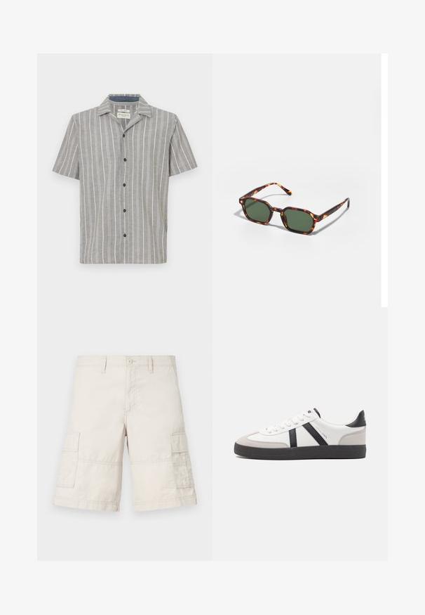 Kortærmet skjorte i lysegrå med hvide lodrette striber. Har en knapfront og en klassisk krave. Lavet af letvægtsstof.; Beige cargo shorts lavet af letvægtsbomuld, med to sidelommer, en frontlukning med knap og stikninger.; Hvide sneakers med sorte og grå detaljer, med en tekstureret grå tåhætte, sort gummisål og flade hvide snørebånd. Rent design, minimalistisk stil.; Skildpaddefarvede solbriller med grønne linser, der har en oktagonal form og slanke, buede arme. Materialet har en blank finish.