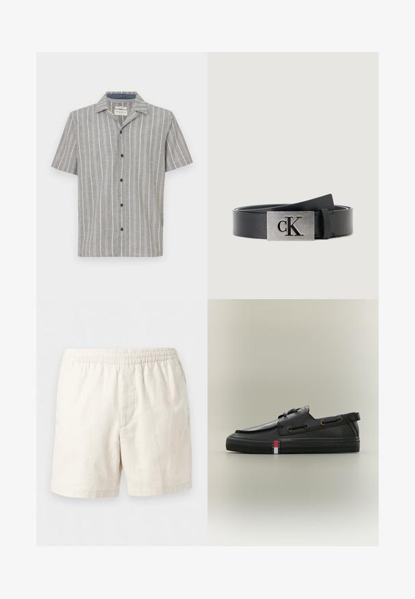 Kortærmet skjorte i lysegrå med hvide lodrette striber. Har en knapfront og en klassisk krave. Lavet af letvægtsstof.; Off-white afslappede shorts med elastisk taljebånd, lige ben og glat stofstruktur.; Sort læder bådsko med snøredetaljer, flad gummisål og lille rød, hvid og blå Tommy Jeans-logo på siden.; Læderbælte i sort med en glat overflade, der har en rektangulær metalspænde med indgraveret "cK" i mørk skrift.