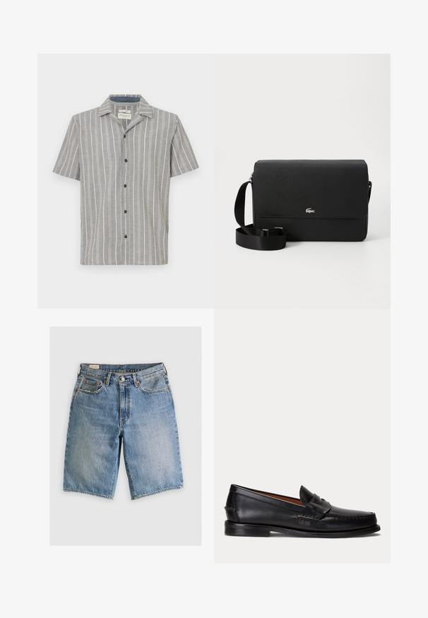 Kortærmet skjorte i lysegrå med hvide lodrette striber. Har en knapfront og en klassisk krave. Lavet af letvægtsstof.; Lyseblå denimshorts med klassisk snit. Har fem lommer, orange stikninger og rå skærmkanter.; Sort læderloafer med lav hæl og pennyremdetalje, vist fra siden på en lysegrå baggrund.; Sort læder crossbody taske med en glat overflade, en frontklap, sølv logo accent og en justerbar stofrem.