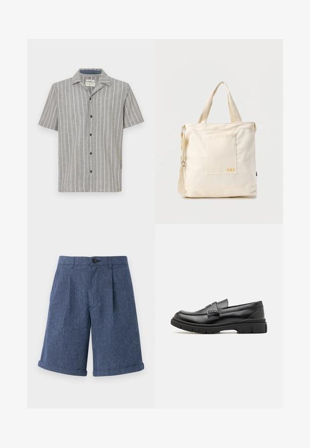 Camisa de manga corta en gris claro con rayas verticales blancas. Presenta un frente abotonado y un cuello clásico. Está hecha de una tela ligera.; Pantalones cortos azules y texturizados con un sutil patrón de rayas, que cuentan con un cierre de un solo botón y dobladillos enrollados.; Mocasin de cuero negro con una cinta ancha en el empeine, suela de goma con tacos gruesos y textura suave. Diseño clásico y elegante.; Bolsa tote de lona color crema con bolsillo delantero, dos asas, correa de hombro ajustable y pequeño texto amarillo "O.N.S" en la parte inferior derecha del bolsillo.