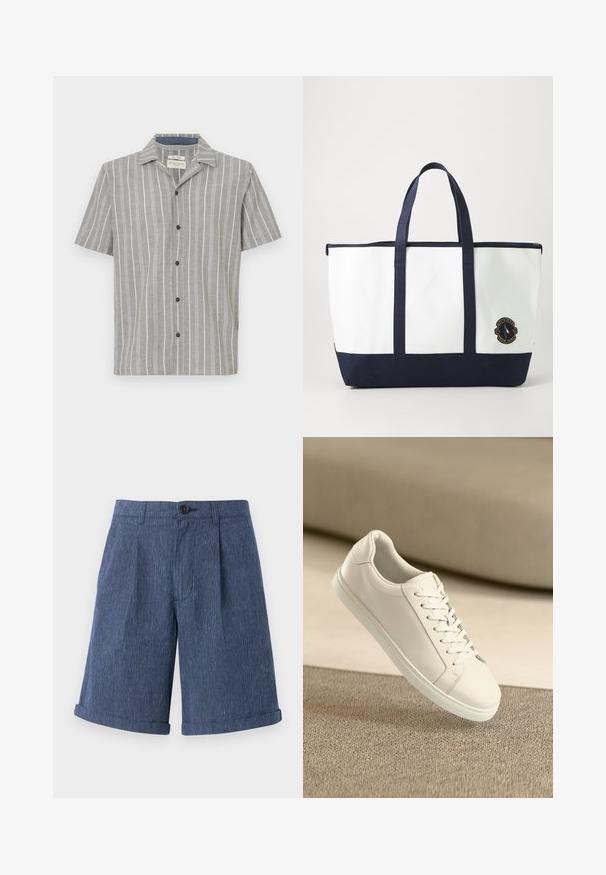 Korte mouw shirt in lichtgrijs met witte verticale strepen. Heeft een knopenlijst aan de voorkant en een klassieke kraag. Gemaakt van lichtgewicht stof.; Blauwe, gestructureerde shorts met een subtiele gestreepte print, voorzien van een enkele knoopsluiting en opgerolde zomen.; Witte leren sneaker met witte veters, weergegeven op een beige textuurovervlak en een zacht vervaagd achtergrond.; Tote bag van wit canvas met marineblauwe accenten. Voorzien van twee stevige handvaten en een logo patch op de voorkant. Rechthoekige vorm.