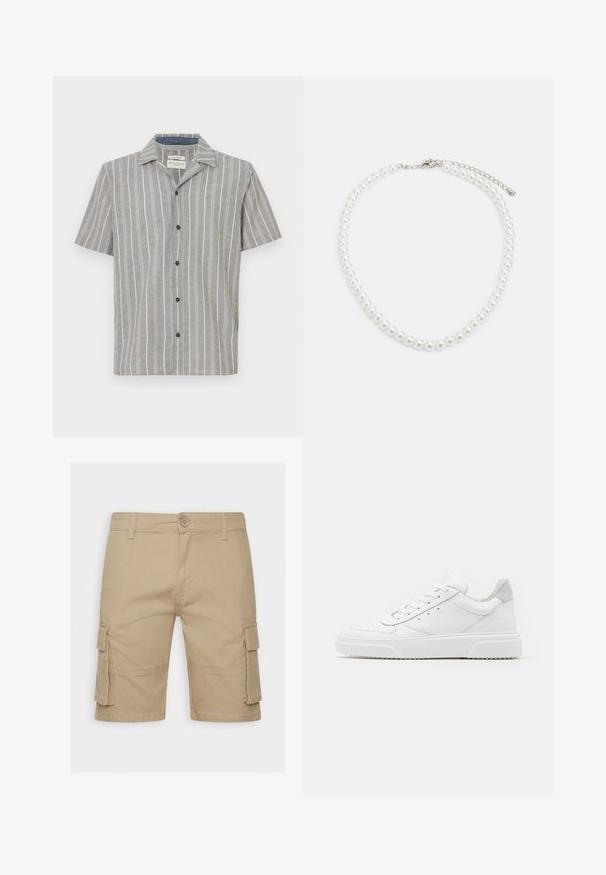 Kortærmet skjorte i lysegrå med hvide lodrette striber. Har en knapfront og en klassisk krave. Lavet af letvægtsstof.; Beige herre cargo shorts med knaplukning, bæltestropper og klaplommer på hver side.; Hvide lædersneakers med en glat finish, rund tå, flade snørebånd og en struktureret sål. Grå ruskindsdetalje ved hælen.; Hvid perlekæde med ensartet rund form, glat overflade og metalspænde med forlængerkæde for justerbar længde.