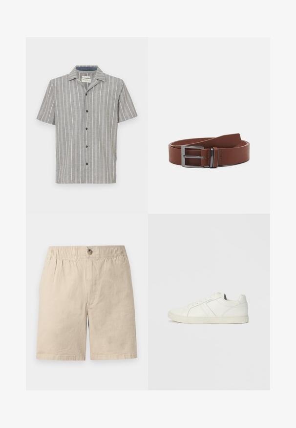 Kortærmet skjorte i lysegrå med hvide lodrette striber. Har en knapfront og en klassisk krave. Lavet af letvægtsstof.; Beige bomuldsshorts med elastisk talje, knaplukning og forreste syningsdetalje mod hvid baggrund.; Lave hvide lædersneakers med snørebånd og flad gummisål, set fra indersiden på en ensfarvet baggrund.; Brun læderbælte med en glat overflade, der har en sølvmetalspænde og minimalistisk design. Bæltet har en rund ende og præcise syninger.