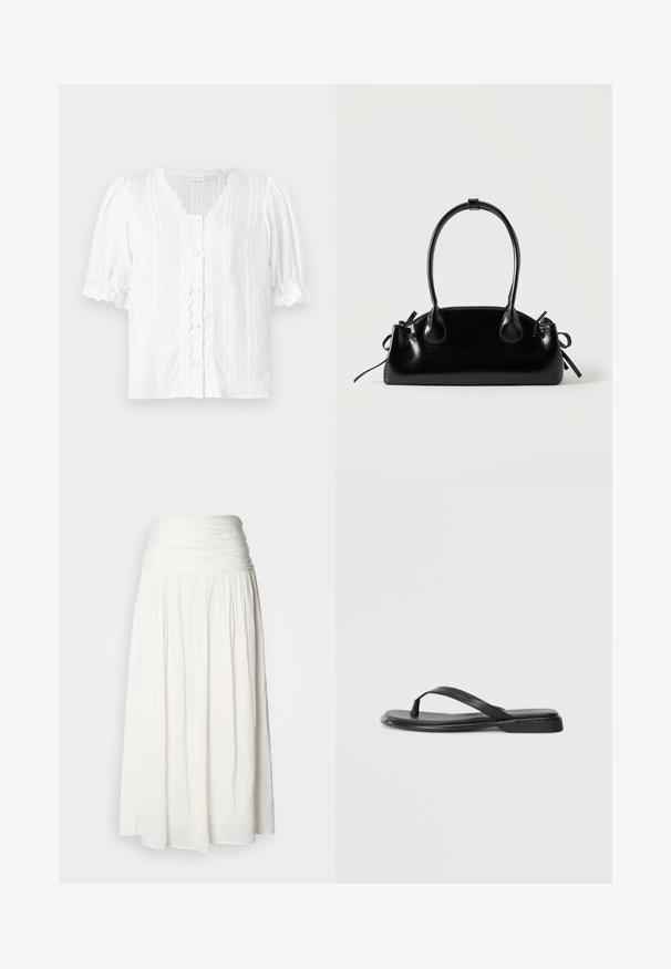 Blusa blanca con mangas abullonadas, escote festoneado y cierre de botones. Tejido texturizado con rayas verticales y trim decorativo.; Falda larga blanca con una ancha cinturilla fruncida y suaves pliegues que caen hasta el dobladillo, presentada sobre un fondo liso.; Chancla negra de piel suave, con un diseño de tira delgada y una suela plana de perfil mínimo. Sin patrones ni acentos notables.; Pequeño bolso negro brillante con dos asas largas y detalles de cordón lateral sobre un fondo claro liso.