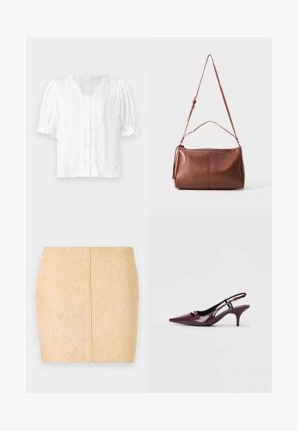 Witte blouse met pofmouwen, een gegolfde halslijn en knopen aan de voorkant. Textuurstof met verticale strepen en decoratieve afwerking.; Beige suède mini-jurk met een gladde textuur, een aansluitende vorm en centrale naaddetails. Geen zichtbare hardware of versieringen.; Bordeaux slingback hakken met een spitse neus, glanzende leren afwerking, kleine uitsnijding aan de voorkant en een slanke stilettohak met gouden accenten.; Bruine leren schoudertas met een zachte textuur, ronde vorm, enkele verstelbare riem en een kwastdetail aan de zijkant.