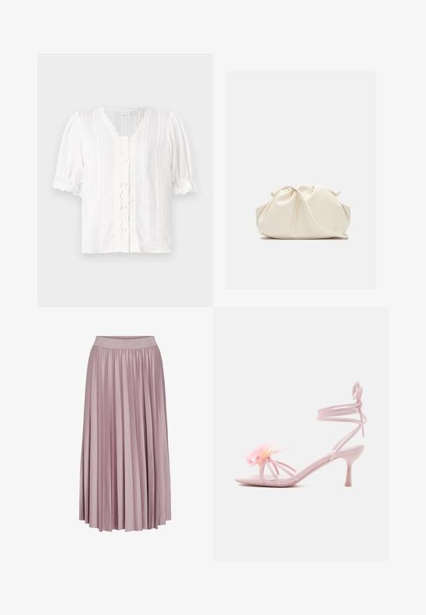 Blusa blanca con mangas abullonadas, escote festoneado y cierre de botones. Tejido texturizado con rayas verticales y trim decorativo.; Falda larga con pliegues en suave tela rosa, que presenta una cintura elástica. La textura suave y el diseño fluido realzan su forma general.; Sandalia de tacón alto color rosa claro con tiras y lazada en el tobillo, decorada con una flor rosa en la tira frontal, mostrada en perfil lateral.; Bolso de mano de cuero suave de color crema con diseño fruncido y plisado y una delgada correa para el hombro que descansa delante sobre un fondo liso.