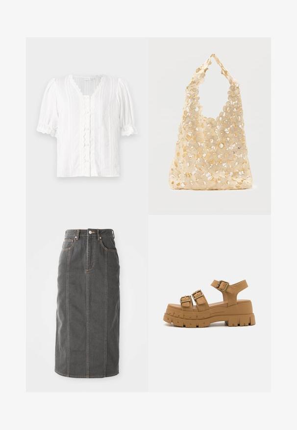 Witte blouse met pofmouwen, een gegolfde halslijn en knopen aan de voorkant. Textuurstof met verticale strepen en decoratieve afwerking.; Grijze denim midi-jurk met een rechte snit, vijf zakken en oranje stikken langs de naden. Heeft een knoopsluiting aan de voorkant en riemlussen.; Chunky hak sandalen in tan synthetisch materiaal, met drie verstelbare gespbandjes en een robuuste zool met gestructureerde groeven.; Beige gehaakte boodschappentas met open bloemmotief, met grote en kleine bloemen en een enkele lusvormige handgreep.