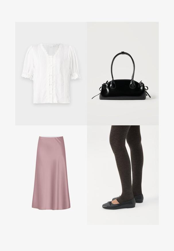 Blusa blanca con mangas abullonadas, escote festoneado y cierre de botones. Tejido texturizado con rayas verticales y trim decorativo.; Falda midi de satén rosa suave con una silueta en línea A y una tela lisa y fluida.; Piernas con leggings oscuros acanalados combinados con bailarinas negras que presentan pequeños detalles de lazo sobre un fondo blanco.; Pequeño bolso negro brillante con dos asas largas y detalles de cordón lateral sobre un fondo claro liso.