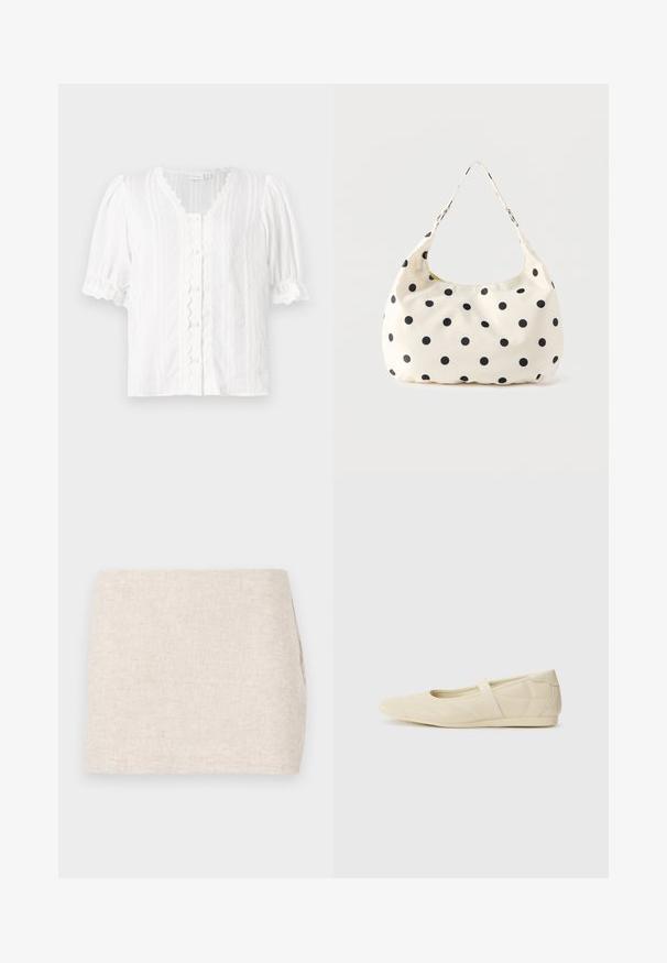 Weiße Bluse mit Puffärmeln, gewelltem Ausschnitt und Knopfleiste. Strukturierter Stoff mit vertikalen Streifen und dekorativem Besatz.; Beige Leinenrock mit minimalistischer Gestaltung, der eine glatte Textur und subtile Webart aufweist. Er hat einen geraden, schlichten Schnitt ohne sichtbare Verschlüsse.; Beige Ballerinas aus glattem Leder mit mandelförmiger Zehenpartie und elastischem Riemen über dem Fußrücken, ausgestattet mit dezenten Nähtelementen.; Handtasche aus cremefarbenem Stoff mit schwarzen Punkten und einem einzelnen Schulterriemen, vor einem schlichten weißen Hintergrund präsentiert.