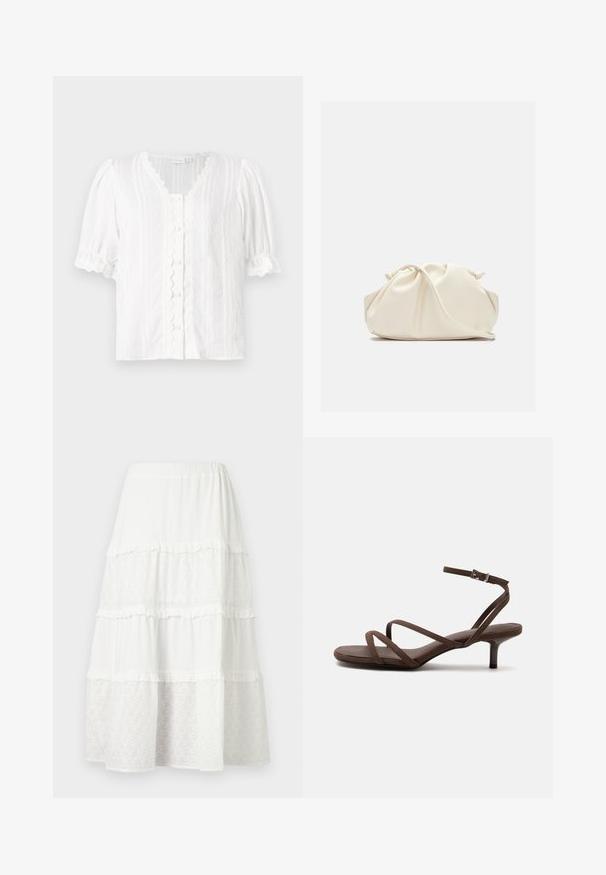 Blusa blanca con mangas abullonadas, escote festoneado y cierre de botones. Tejido texturizado con rayas verticales y trim decorativo.; Falda midi blanca de capas con paneles alternos de encaje sólido y de ojales, con un sutil volante en las costuras.; Sandalia marrón de tacón alto con tiras finas cruzadas y una correa en el tobillo con una hebilla plateada sobre un fondo blanco.; Bolso de mano de cuero suave de color crema con diseño fruncido y plisado y una delgada correa para el hombro que descansa delante sobre un fondo liso.