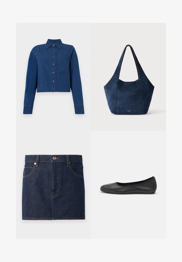CLOSED CROPPED CLASSIC SHIRT - Nööpidega pluus - dark blue; Tumed sinised teksapüksid, millel on heledat oranži õmblust, viie tasku kujundus, metallist nööpide kinnitamine ja sirge alläär.; Musthave mustika tantsutossud mustast nahast, ümmarguse varbaga, siledast tekstuurist, minimaalse õmblusdetailiga ja paindliku tallakujundusega.; Tumesinine seemisnahast kandekott laiade õlarihmade ja õrna kaubamärgi logoga alumise keskosa lähedal.
